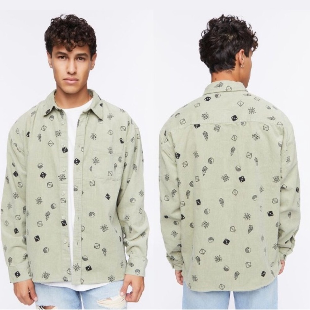 FOREVER 21 Men Dice Print Corduroy Green Shirt | S